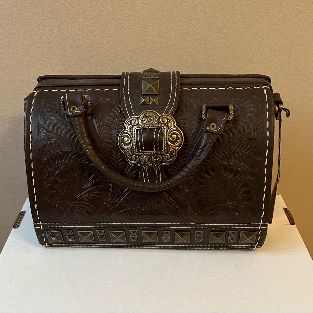 NWT American West Brown Tooled Structured Leather Doctor Style Shoulder Bag